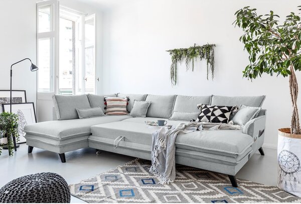 Jasnoszara rozkładana sofa w kształcie litery "U" Miuform Charming Charlie, lewostronna