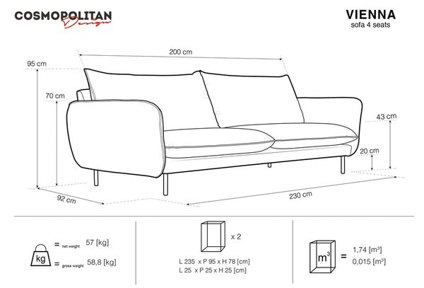 Jasnoszara sofa Cosmopolitan Design Vienna, 230 cm