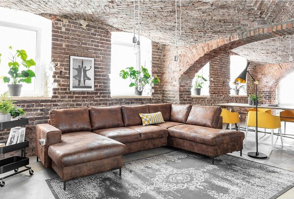 Brązowa rozkładana sofa w kształcie litery "U" z imitacji skóry Miuform Lofty Lilly Vintage, prawostronna