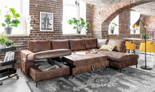 Brązowa rozkładana sofa w kształcie litery "U" z imitacji skóry Miuform Lofty Lilly Vintage, prawostronna