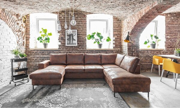 Brązowa rozkładana sofa w kształcie litery "U" z imitacji skóry Miuform Lofty Lilly Vintage, prawostronna