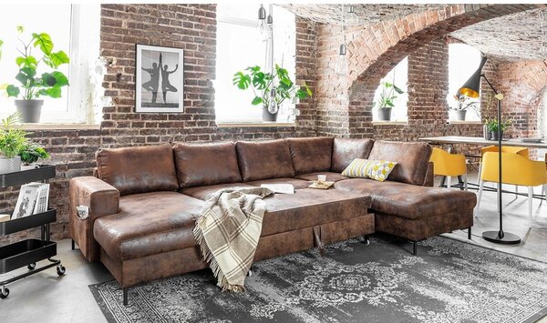 Brązowa rozkładana sofa w kształcie litery "U" z imitacji skóry Miuform Lofty Lilly Vintage, prawostronna