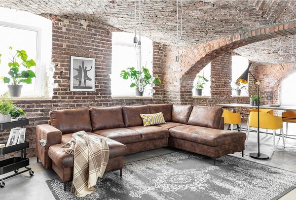 Brązowa rozkładana sofa w kształcie litery "U" z imitacji skóry Miuform Lofty Lilly Vintage, prawostronna
