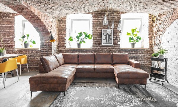 Brązowa rozkładana sofa w kształcie litery "U" z imitacji skóry Miuform Lofty Lilly Vintage, lewostronna