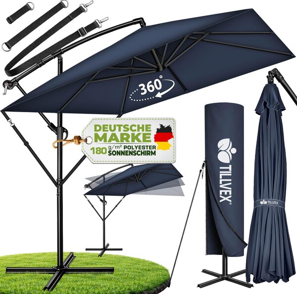 Tillvex® Prostoktny parasol aluminiowy Ø 330 cm granatowy + pokrowiec z korbk | Kwadratowy parasol wspornikowy ze stojakiem i wiatrochronem | Aluminiowy parasol ogrodowy z ochron UV | Parasol z korbk Wodoodporny, obracany o 360