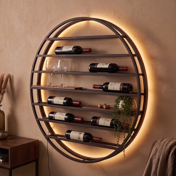 Nowoczesna Lampa Ścienna Czarna z Okrągłym Drewnem i Zintegrowanym LED - Wine Rack