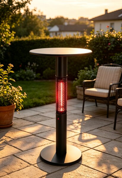 Ogrzewany stół barowy z promiennikiem podczerwieni, wysokość 1130 mm, 1500 W, Ø 600 mm, czarny