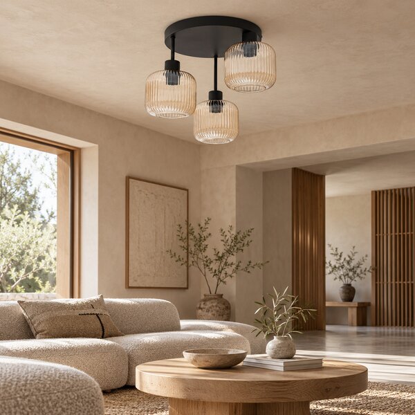 Lampa sufitowa Maria czarna z trzema bursztynowymi, ryflowanymi kloszami