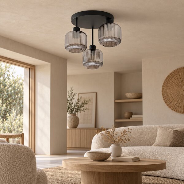 Lampa sufitowa Maria czarna z trzema przydymiono-szarymi, ryflowanymi kloszami
