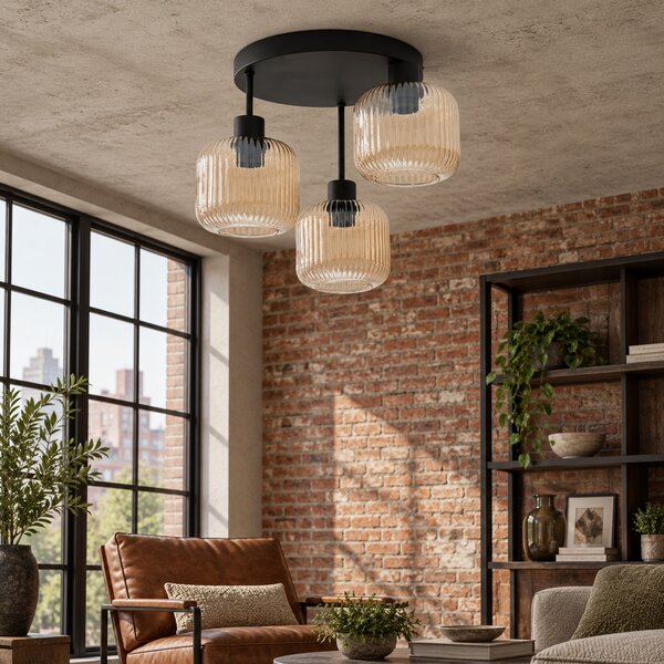 Lampa sufitowa Maria czarna z trzema bursztynowymi, ryflowanymi kloszami