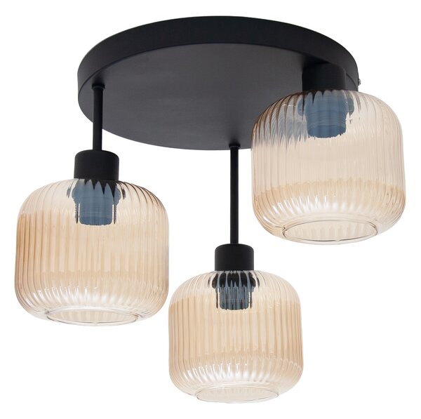 Lampa sufitowa Maria czarna z trzema bursztynowymi, ryflowanymi kloszami