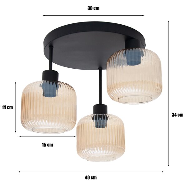 Lampa sufitowa Maria czarna z trzema bursztynowymi, ryflowanymi kloszami