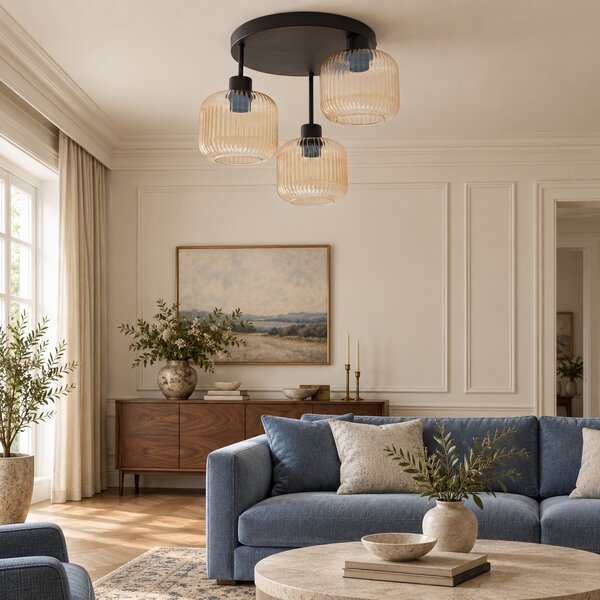 Lampa sufitowa Maria czarna z trzema bursztynowymi, ryflowanymi kloszami