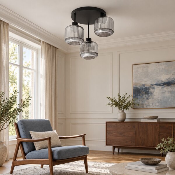 Lampa sufitowa Maria czarna z trzema przydymiono-szarymi, ryflowanymi kloszami