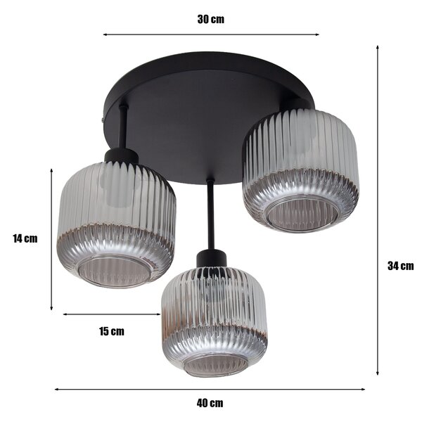 Lampa sufitowa Maria czarna z trzema przydymiono-szarymi, ryflowanymi kloszami