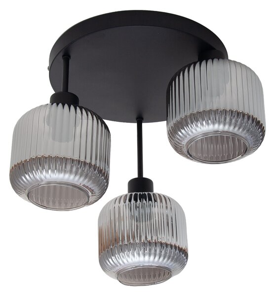 Lampa sufitowa Maria czarna z trzema przydymiono-szarymi, ryflowanymi kloszami
