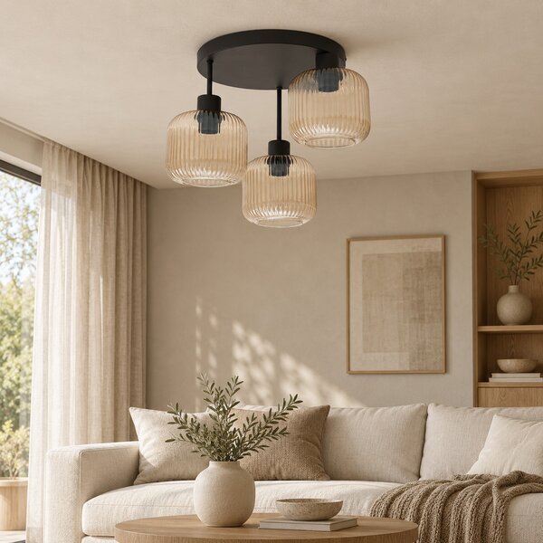 Lampa sufitowa Maria czarna z trzema bursztynowymi, ryflowanymi kloszami