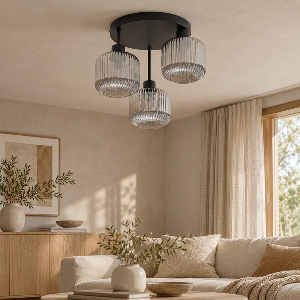Lampa sufitowa Maria czarna z trzema przydymiono-szarymi, ryflowanymi kloszami