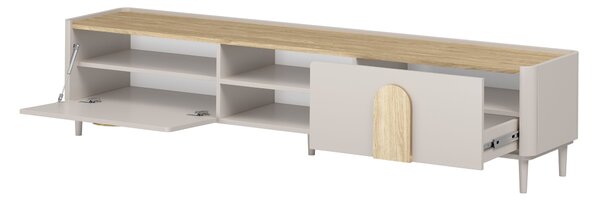 Szafka RTV Amilio 220 cm z szufladą na nóżkach - kaszmir / dąb olejowany / uchwyty dąb jasny