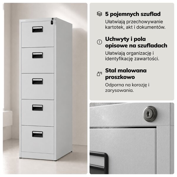Szafa kartotekowa metalowa z 5 szufladami szara, 460x1625.5x600 mm: SARA V5