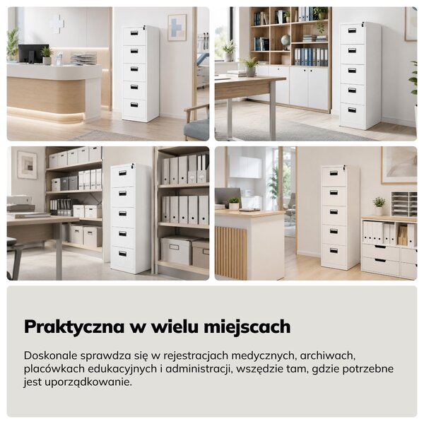 Szafa kartotekowa metalowa z 5 szufladami biała, 460x1625.5x600 mm: SARA V5