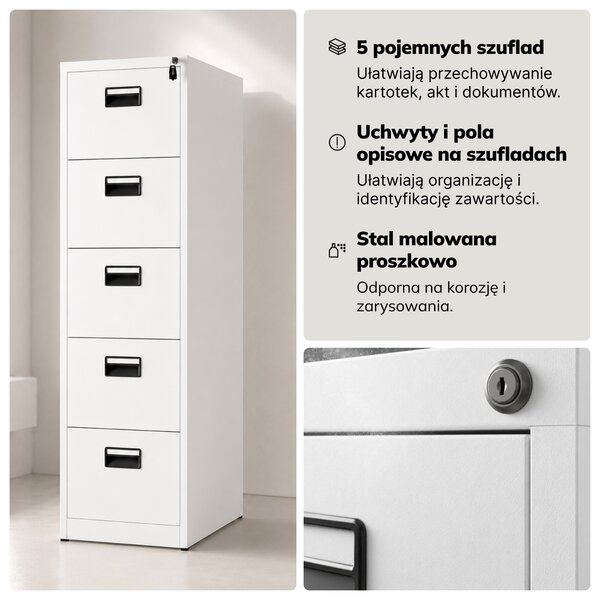 Szafa kartotekowa metalowa z 5 szufladami biała, 460x1625.5x600 mm: SARA V5