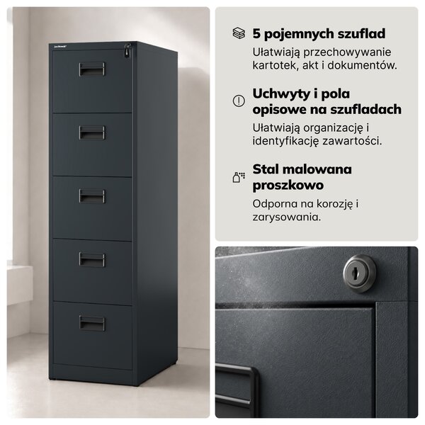 Szafa kartotekowa metalowa z 5 szufladami antracytowa, 460x1625.5x600 mm: SARA V5
