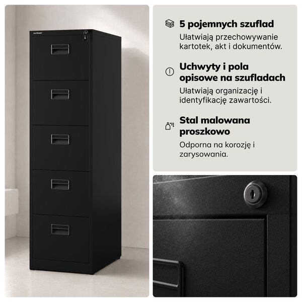 Szafa kartotekowa metalowa z 5 szufladami czarna, 460x1625.5x600 mm: SARA V5