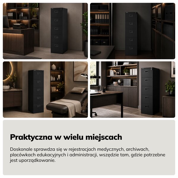 Szafa kartotekowa metalowa z 5 szufladami czarna, 460x1625.5x600 mm: SARA V5
