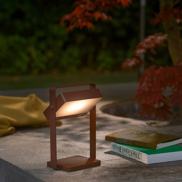 Nordlux Lampa stołowa LED z panelem słonecznym Saulio, brązowa, IP44, aluminium, USB, możliwość ściemniania, brązowy / rdzawy, aluminium, nowoczesny