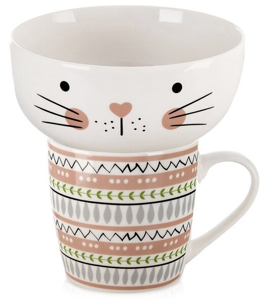 Kubek z miseczką dla dziecka porcelanowy kot 2 el