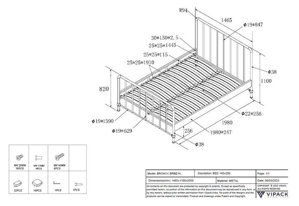 Czarne metalowe łóżko ze stelażem 140x200 cm BRONXX – Vipack