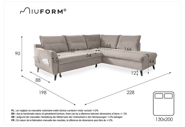 Turkusowy aksamitny narożnik rozkładany Miuform Stylish Stan L, prawostronny