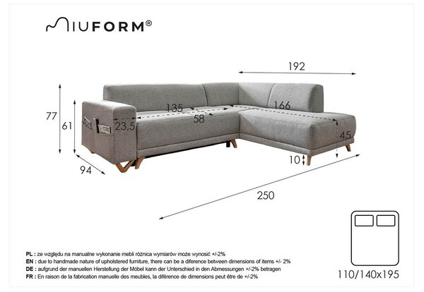 Antracytowy rozkładany/ze schowkiem narożnik (prawostronny/w kształcie litery L) Classy Sophie – Miuform