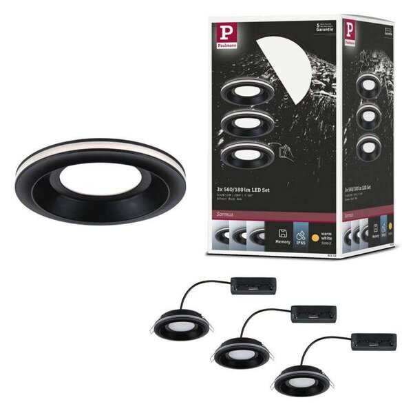Paulmann Oprawa wpuszczana LED Sormus, czarna, średnica 10 cm, IP65, zestaw 3 Sormus, czarny, łazienka, tworzywo sztuczne, nowoczesny