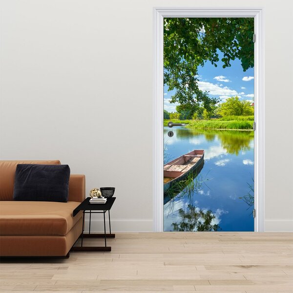 Fototapeta na drzwi - Letnia rzeka z łodzią (95x205cm)