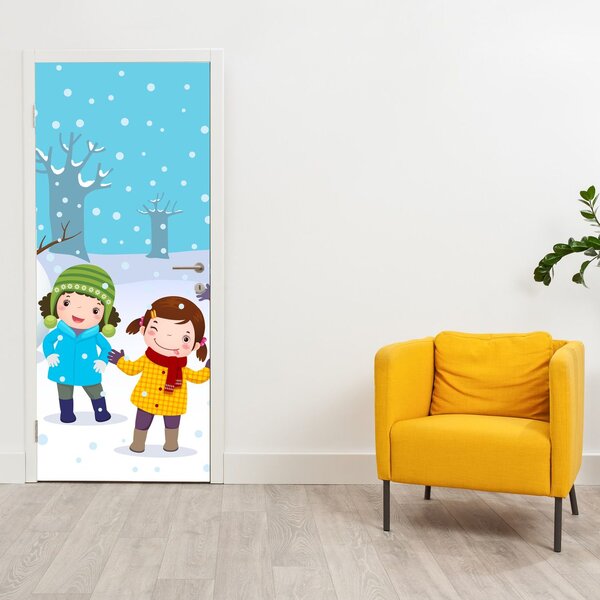 Fototapeta na drzwi - Zimowa zabawa dla dzieci (95x205cm)