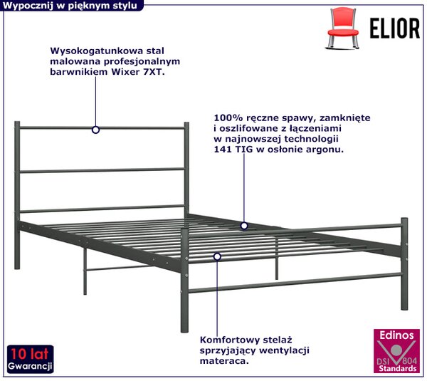 Szare metalowe łózko w stylu industrialnym 90x200 cm - Epix