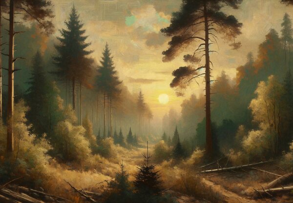 Fototapeta - Słońce świecące przez las (196x136 cm)
