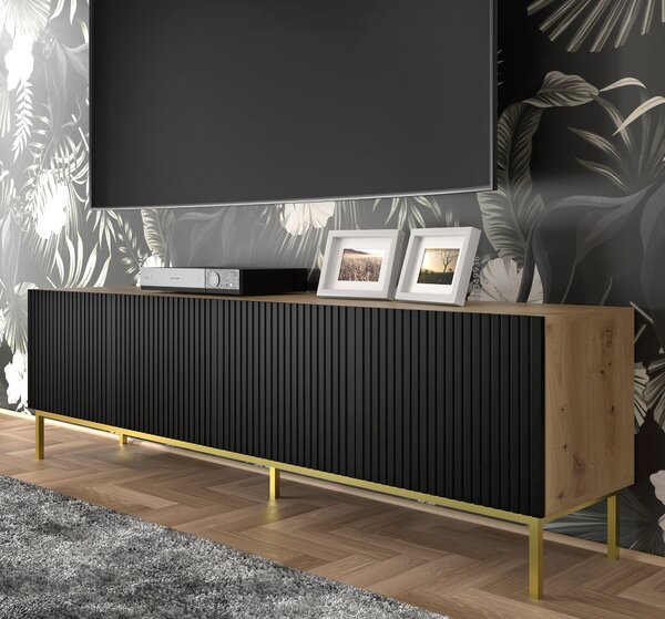 Szafka pod TV z lamelami dąb artisan + czarny A0-K92