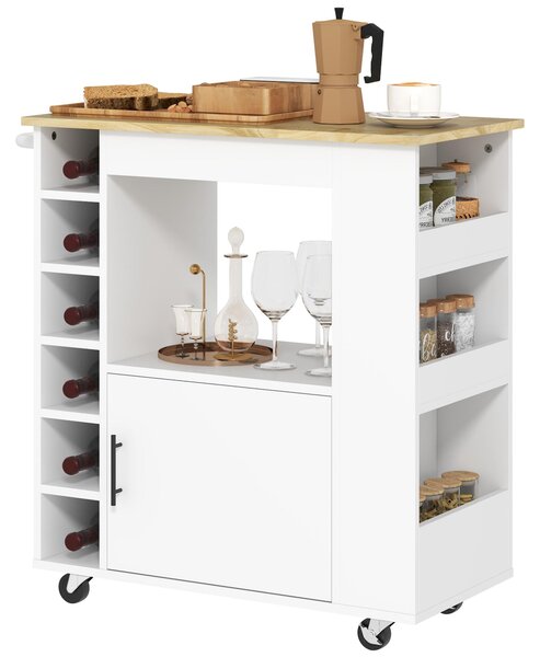 Wózek kuchenny z półką na wino, wyspa kuchenna na kółkach z płyty wiórowej, wózek kuchenny z szafką z cichym domykaniem, dąb | 83 x 40 x 83 cm | 26,8 kg | 6 butelek