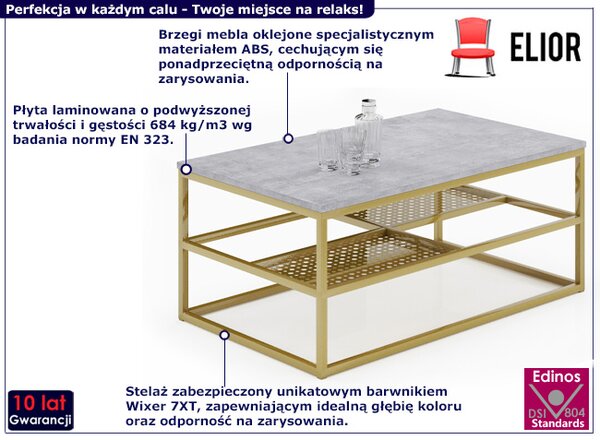 Metalowy stolik kawowy z półkami beton + złoty F8-W98