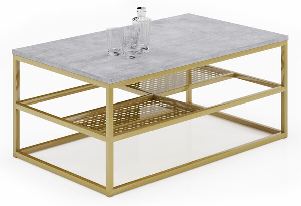 Metalowy stolik kawowy z półkami beton + złoty F8-W98