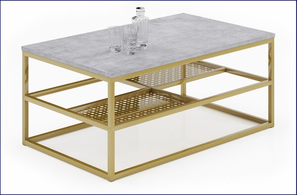 Metalowy stolik kawowy z półkami beton + złoty F8-W98
