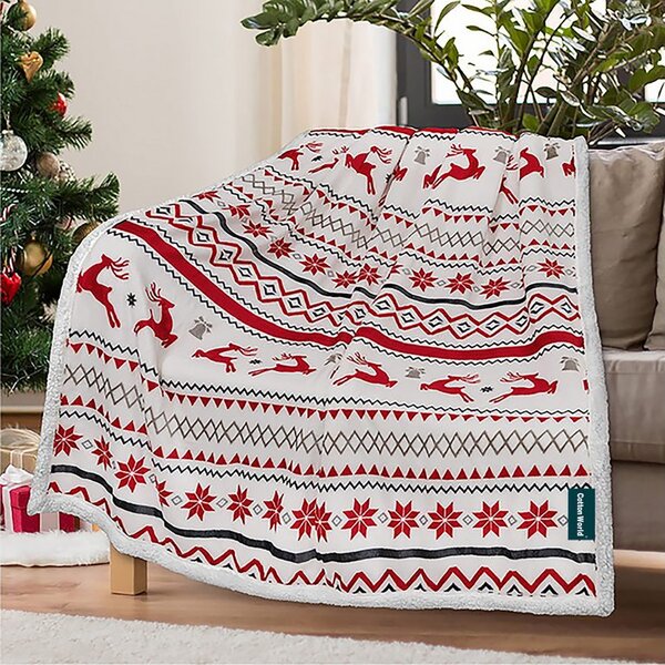 2x Koc świąteczny z mikropluszu biały z barankiem RETRO CHRISTMAS 160x200 cm