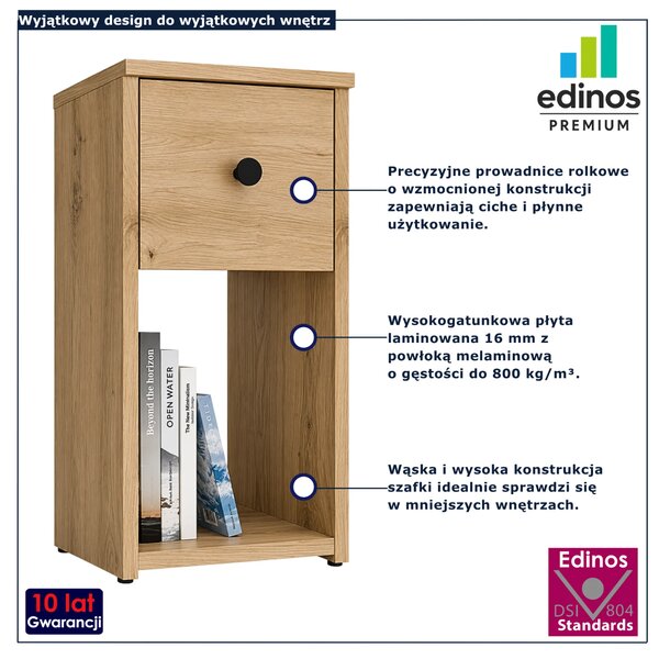 Wysoki i wąski stolik nocny z półką i szufladą dąb artisan S5-L48