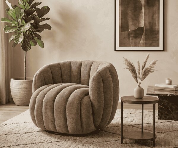Ciemnobeżowy okrągły fotel do salonu | Umeblowana.com