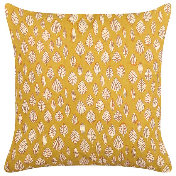Poduszka dekoracyjna bawełniana żółta wzór w liście 45x45 cm Ginnala Beliani