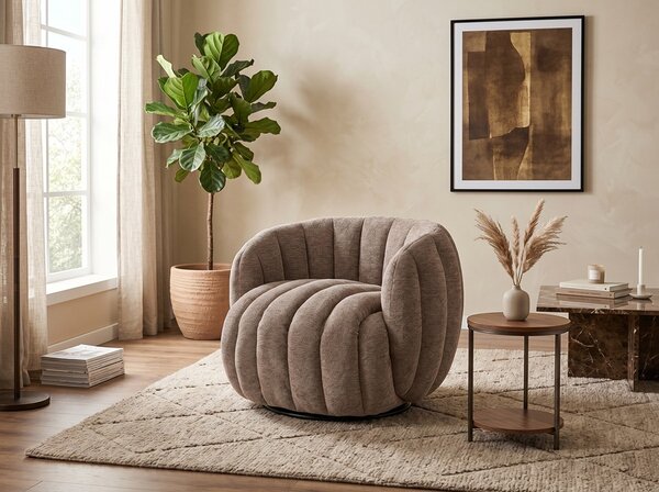 Ciemnobeżowy okrągły fotel do salonu | Umeblowana.com