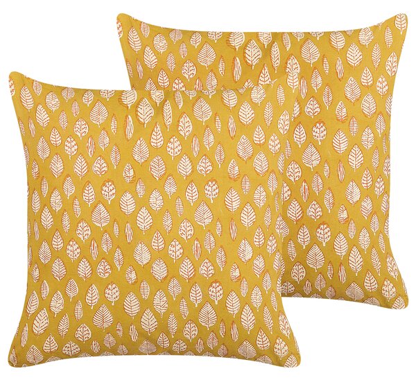 Poduszki dekoracyjne bawełniane żółte wzór w liście 45x45 cm Ginnala Beliani